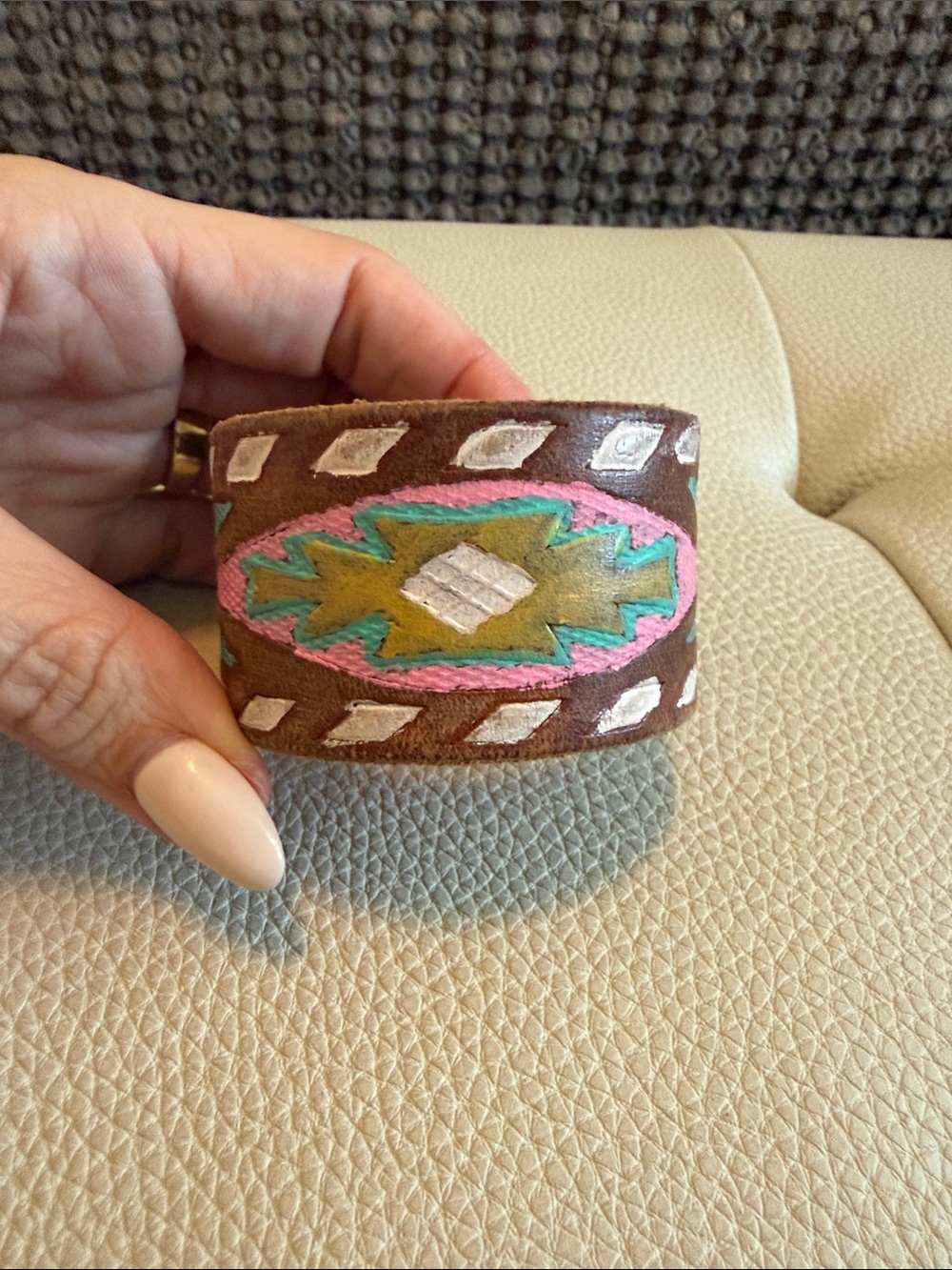 Handcrafted Brown Leather Cuff Bracelet with Pink & Turquoise painted details